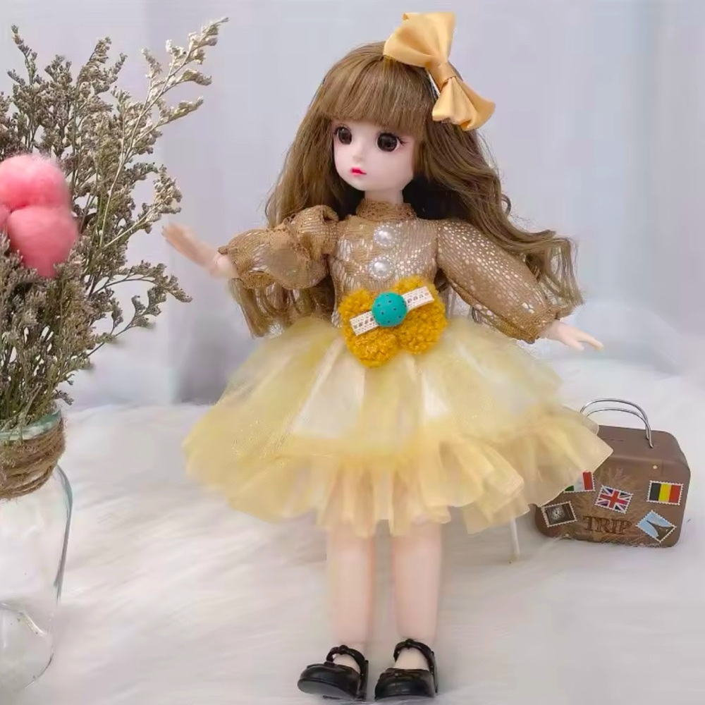 30cm Charming BJD Doll with Yellow Dress 12 Moveable Joints 3D Brown Eyes New